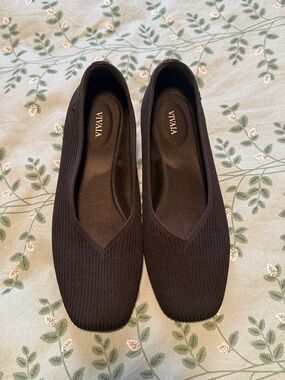Womens Black Knit Ballet Flats - Vivaia Size 9 Margot 2.0 Square Toe V Cut Flat